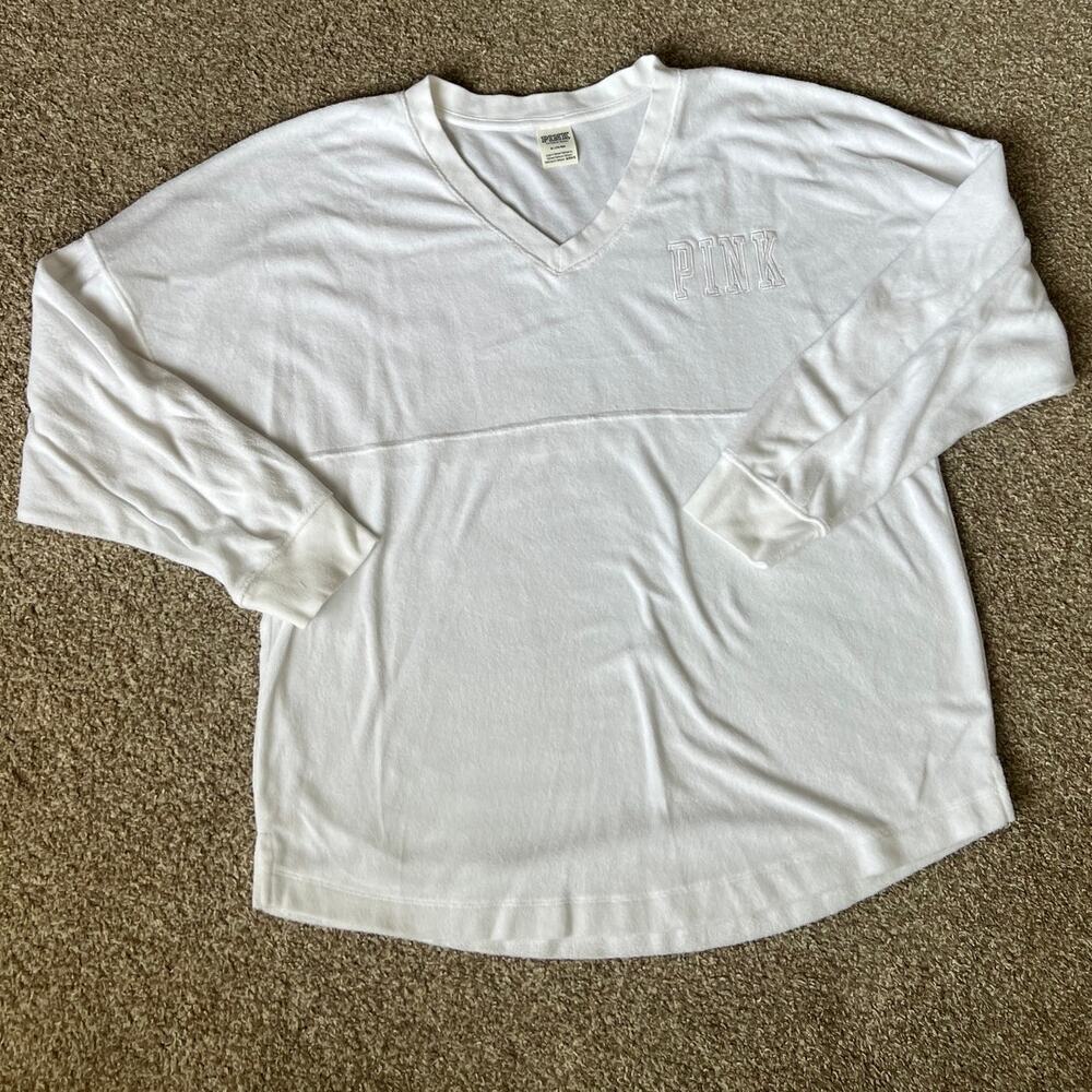 Victoria's Secret PINK White‎ Terry Cloth V-Neck Spirit Jersey Size Medium Cozy